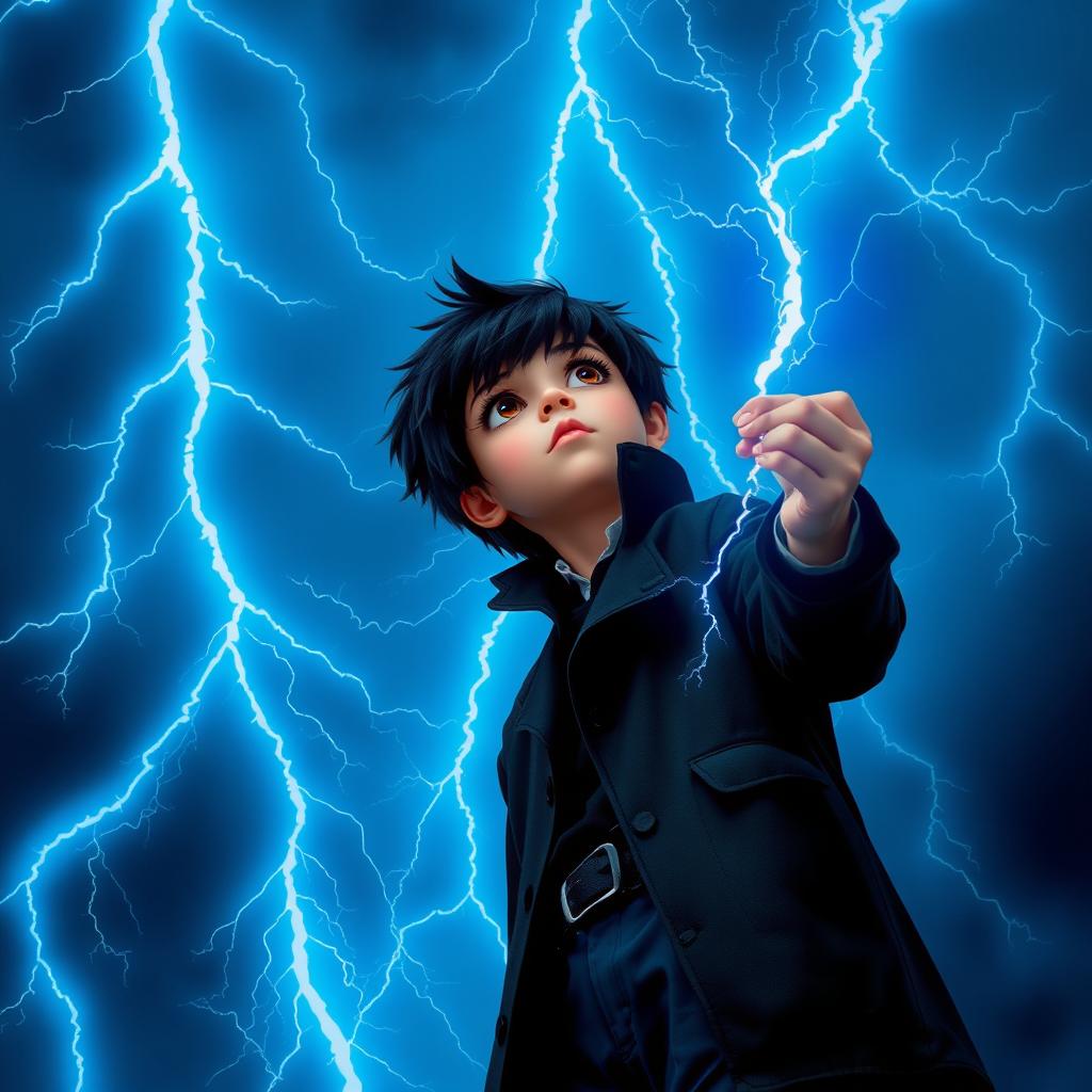 A 14-year-old boy with messy black hair and brown eyes, dressed in a black coat and navy blue pants, gazes into the sky at bright, sky-blue lightning bolts illuminating the background with mystical energy