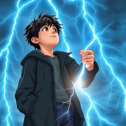 A 14-year-old boy with messy black hair and brown eyes, dressed in a black coat and navy blue pants, gazes into the sky at bright, sky-blue lightning bolts illuminating the background with mystical energy