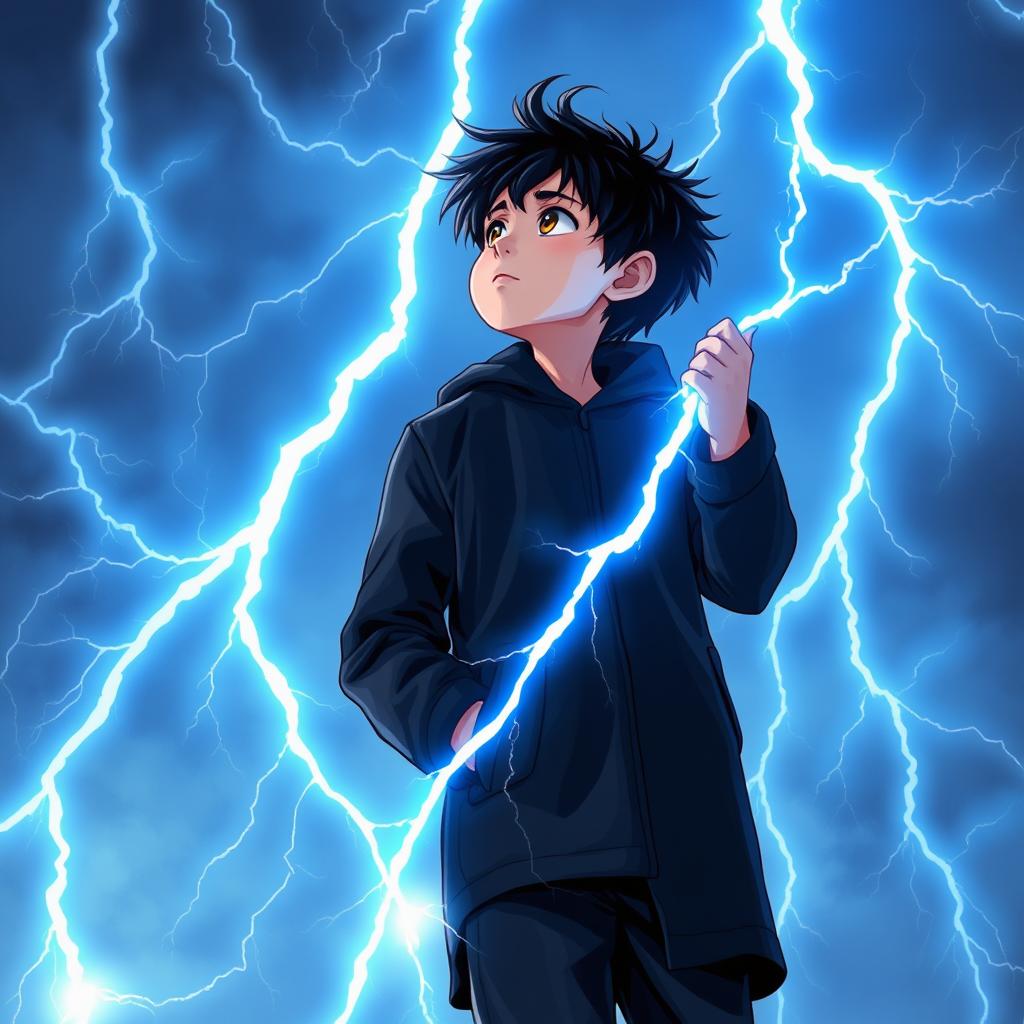 A 14-year-old boy with messy black hair and brown eyes, dressed in a black coat and navy blue pants, gazes into the sky at bright, sky-blue lightning bolts illuminating the background with mystical energy