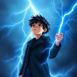 A 14-year-old boy with messy black hair and brown eyes, dressed in a black coat and navy blue pants, gazes into the sky at bright, sky-blue lightning bolts illuminating the background with mystical energy