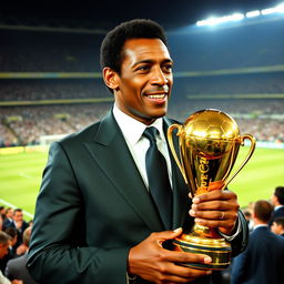 Pelé holding a golden football trophy with a look of pride and nostalgia