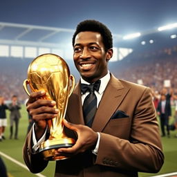 Pelé holding a golden football trophy with a look of pride and nostalgia