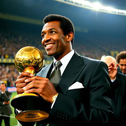 Pelé holding a golden football trophy with a look of pride and nostalgia