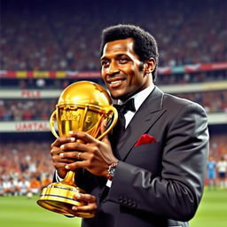 Pelé holding a golden football trophy with a look of pride and nostalgia