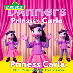 A Sesame Street Dancers series magazine cover featuring Carla, a violet foal with a purple shirt, pink skirt, black shoes with pink details, and a tiara