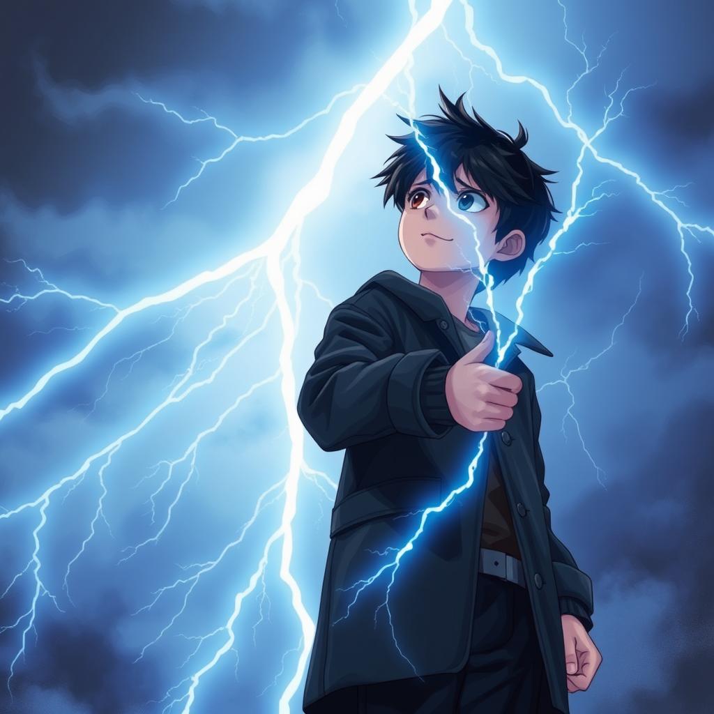 A 14-year-old boy with messy black hair and brown eyes, dressed in a black coat and navy blue pants