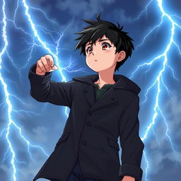 A 14-year-old boy with messy black hair and brown eyes, dressed in a black coat and navy blue pants