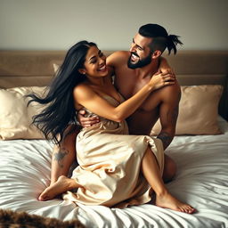 A beautiful Peruvian princess with radiant features and flowing black hair is playfully straddling a modern Viking on a luxurious bed