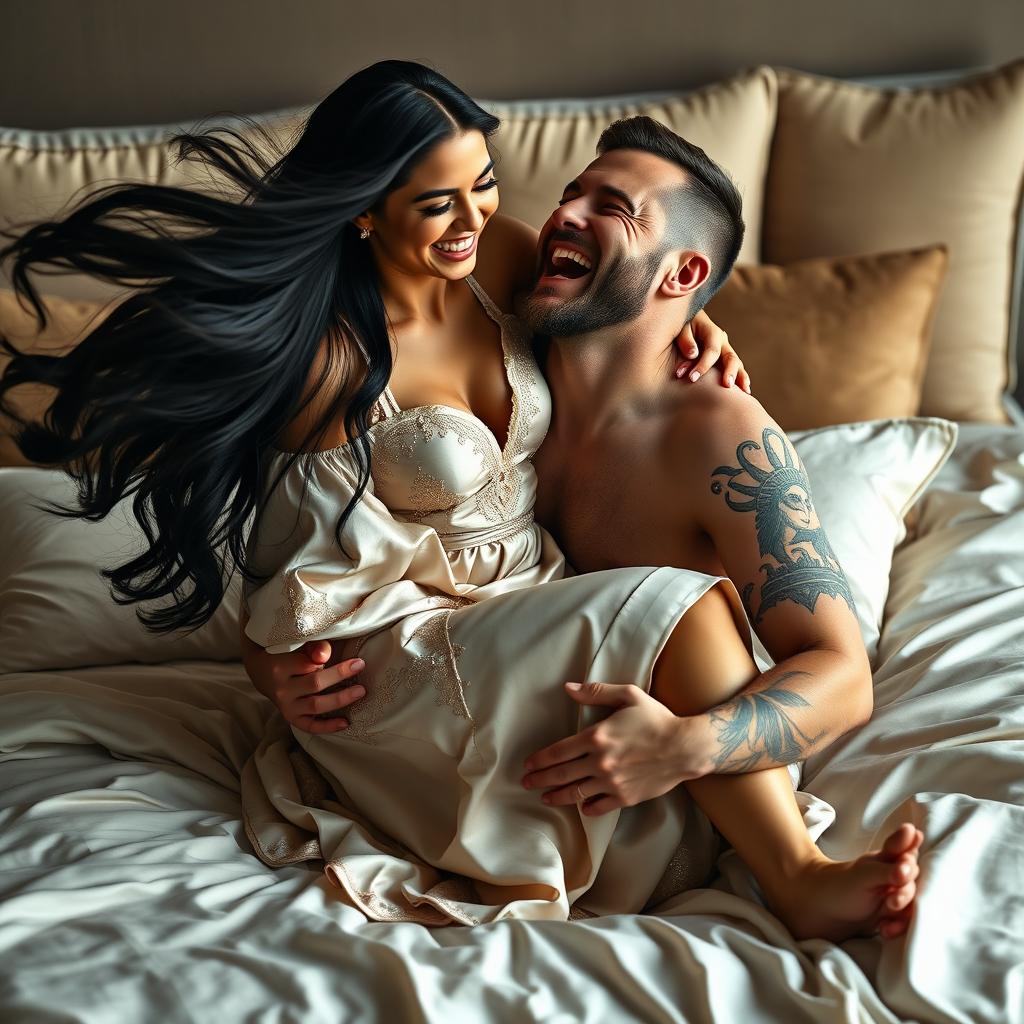 A beautiful Peruvian princess with radiant features and flowing black hair is playfully straddling a modern Viking on a luxurious bed