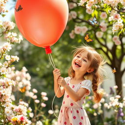 A whimsical scene of a girl playfully inflating a colorful balloon