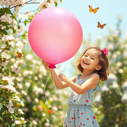 A whimsical scene of a girl playfully inflating a colorful balloon