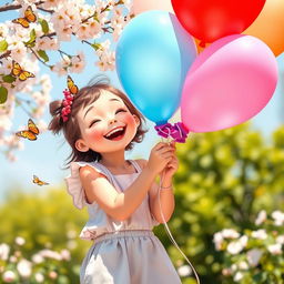 A whimsical scene of a girl playfully inflating a colorful balloon