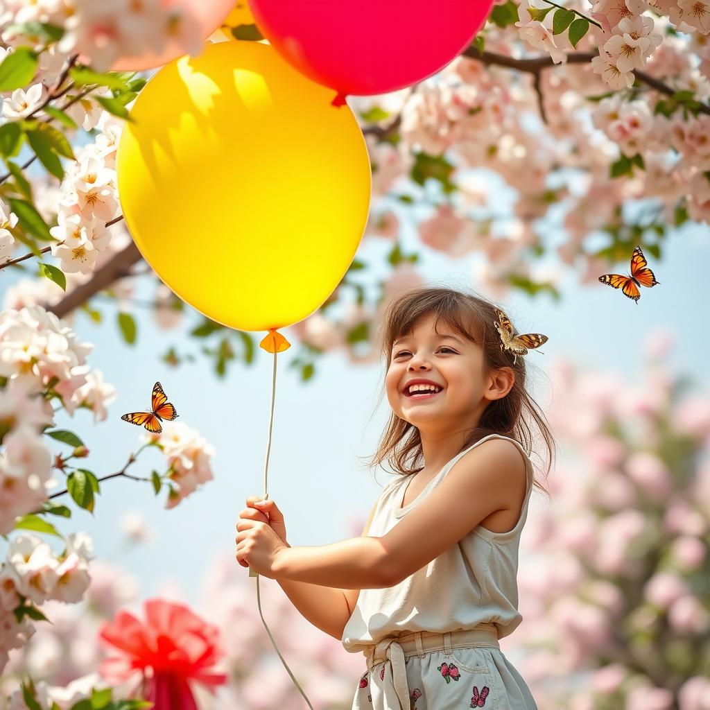 A whimsical scene of a girl playfully inflating a colorful balloon