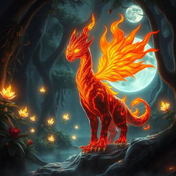 A fantasy scene featuring a mystical fiery creature known as "Menyala", radiating with vibrant orange and red flames