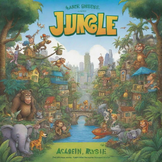 Kid-friendly, caricature-style book cover showing the contrast between a fun-filled jungle and a cartoonish city.