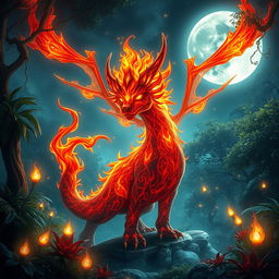 A fantasy scene featuring a mystical fiery creature known as "Menyala", radiating with vibrant orange and red flames