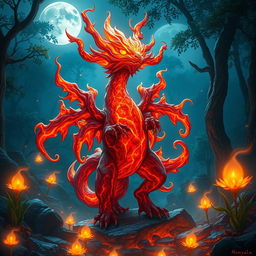 A fantasy scene featuring a mystical fiery creature known as "Menyala", radiating with vibrant orange and red flames