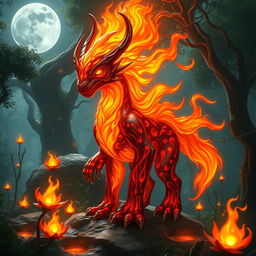 A fantasy scene featuring a mystical fiery creature known as "Menyala", radiating with vibrant orange and red flames