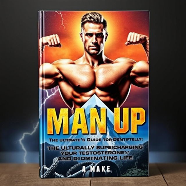 A striking book cover for "Man Up: The Ultimate Guide to Naturally Supercharging Your Testosterone and Dominating Life" centered around a powerful, muscular male figure