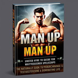 A striking book cover for "Man Up: The Ultimate Guide to Naturally Supercharging Your Testosterone and Dominating Life" centered around a powerful, muscular male figure