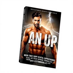 A striking book cover for "Man Up: The Ultimate Guide to Naturally Supercharging Your Testosterone and Dominating Life" centered around a powerful, muscular male figure