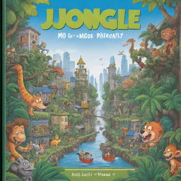 Kid-friendly, caricature-style book cover showing the contrast between a fun-filled jungle and a cartoonish city.