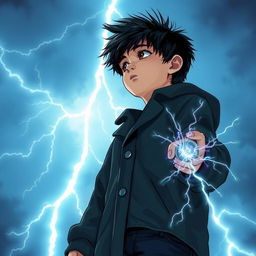 A 14-year-old boy with messy black hair and brown eyes, wearing a black coat and navy blue pants