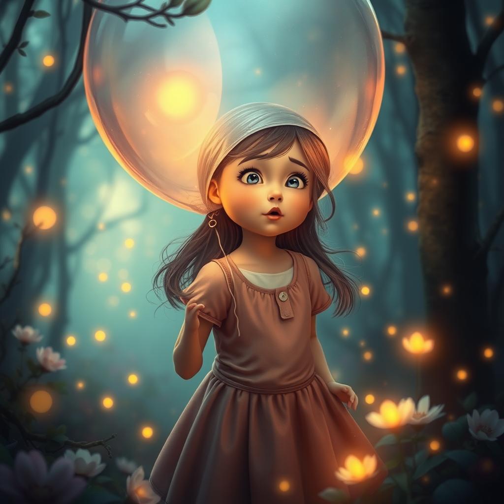 A surreal and fantastical scene depicting a girl in a magical forest setting