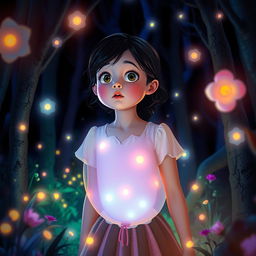 A surreal and fantastical scene depicting a girl in a magical forest setting