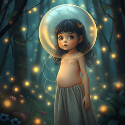 A surreal and fantastical scene depicting a girl in a magical forest setting