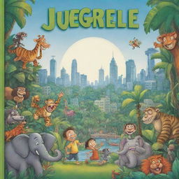 Kid-friendly, caricature-style book cover showing the contrast between a fun-filled jungle and a cartoonish city.