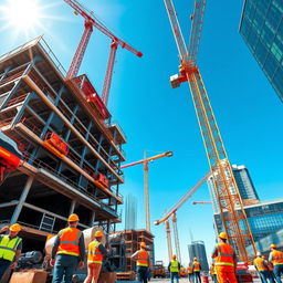 A vibrant construction site scene filled with energy and progress