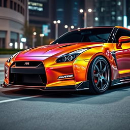 Create an image of a sleek and powerful turbocharged sports car, showcasing its aerodynamic design and vibrant metallic paint