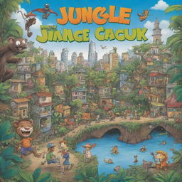 Kid-friendly, caricature-style book cover showing the contrast between a fun-filled jungle and a cartoonish city.