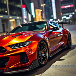 Create an image of a sleek and powerful turbocharged sports car, showcasing its aerodynamic design and vibrant metallic paint