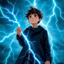 A 14-year-old boy with messy black hair and brown eyes, wearing a black coat and navy blue pants, gazes at the sky filled with radiant sky-blue lightning bolts illuminating the background with mystical energy, creating a dynamic contrast with his figure