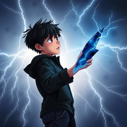 A 14-year-old boy with messy black hair and brown eyes, wearing a black coat and navy blue pants, gazes at the sky filled with radiant sky-blue lightning bolts illuminating the background with mystical energy, creating a dynamic contrast with his figure