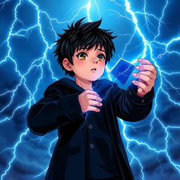 A 14-year-old boy with messy black hair and brown eyes, wearing a black coat and navy blue pants, gazes at the sky filled with radiant sky-blue lightning bolts illuminating the background with mystical energy, creating a dynamic contrast with his figure