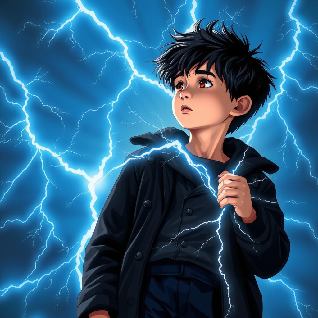 A 14-year-old boy with messy black hair and brown eyes, wearing a black coat and navy blue pants, gazes at the sky filled with radiant sky-blue lightning bolts illuminating the background with mystical energy, creating a dynamic contrast with his figure