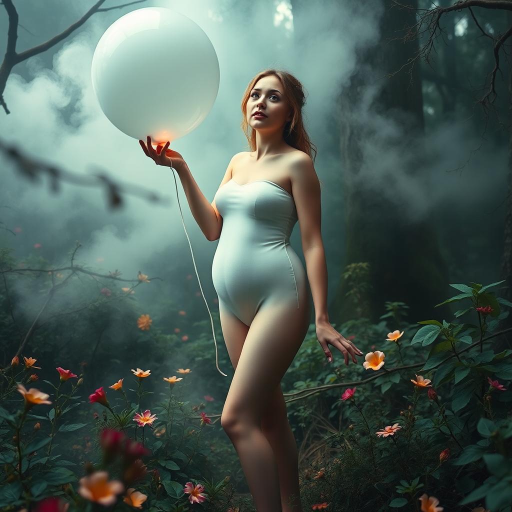 A surreal and whimsical scene capturing an adult woman in a fantastical forest environment