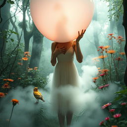 A surreal and whimsical scene capturing an adult woman in a fantastical forest environment