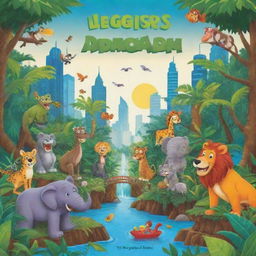 Child-friendly book cover in cartoon style, featuring an exciting contrast between a lively jungle scene and a colorful cityscape.