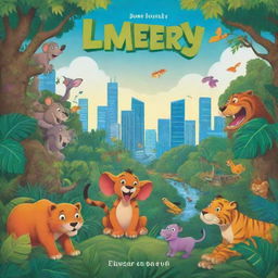 Child-friendly book cover in cartoon style, featuring an exciting contrast between a lively jungle scene and a colorful cityscape.