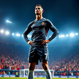 Cristiano Ronaldo standing in a powerful pose, exuding confidence and athleticism