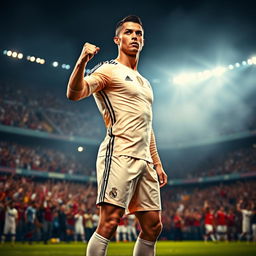 Cristiano Ronaldo standing in a powerful pose, exuding confidence and athleticism