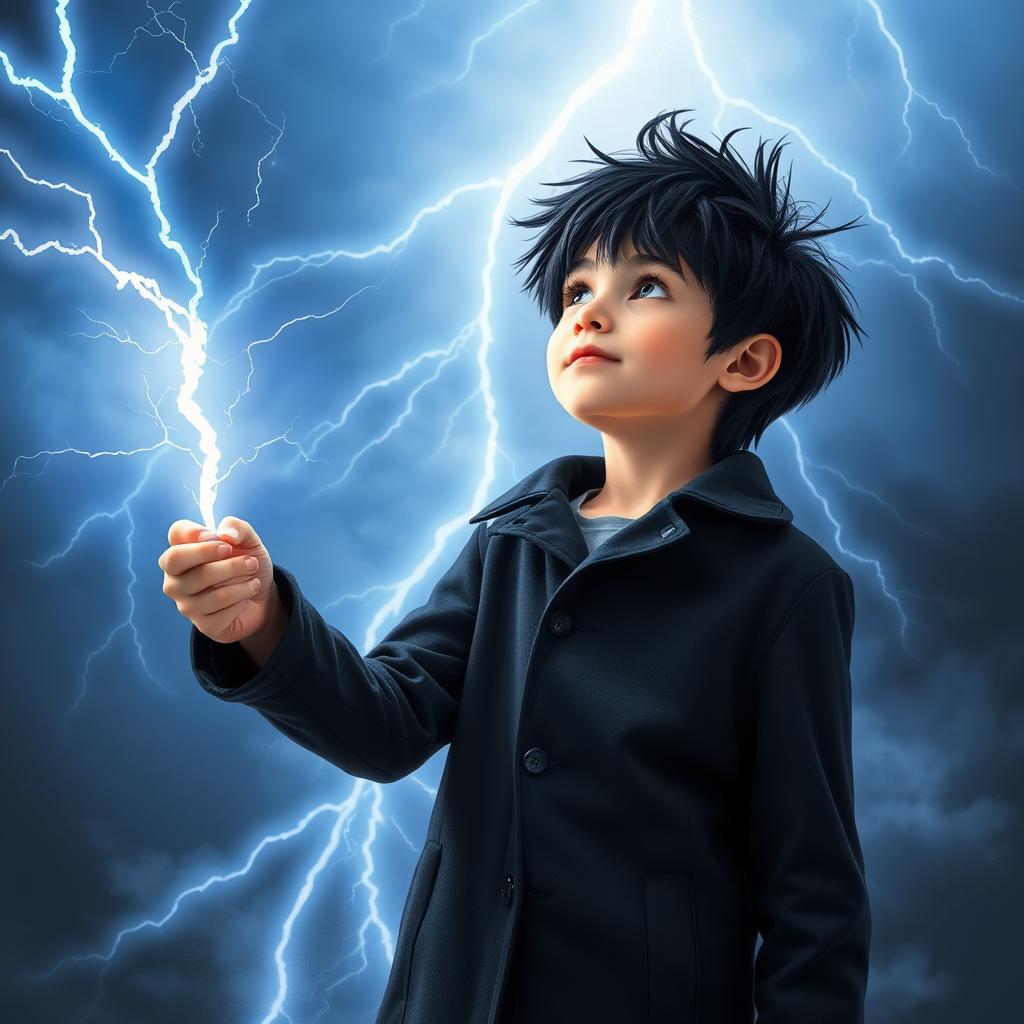 A 14-year-old boy with messy black hair and brown eyes, dressed in a black coat and navy blue pants