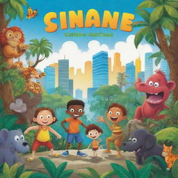 Child-friendly book cover in cartoon style, featuring an exciting contrast between a lively jungle scene and a colorful cityscape.