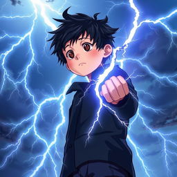 A 14-year-old teenager with messy black hair and brown eyes, wearing a black coat and navy blue pants, gazes at the sky filled with radiant sky-blue lightning bolts illuminating the background with mystical energy, creating a dynamic contrast with his figure