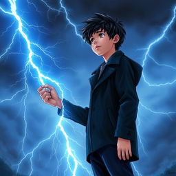 A 14-year-old teenager with messy black hair and brown eyes, wearing a black coat and navy blue pants, gazes at the sky filled with radiant sky-blue lightning bolts illuminating the background with mystical energy, creating a dynamic contrast with his figure