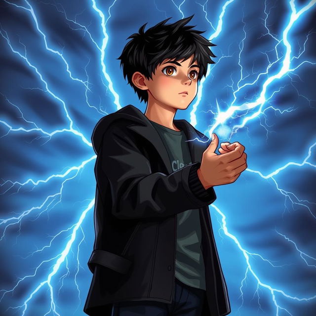 A 14-year-old teenager with messy black hair and brown eyes, wearing a black coat and navy blue pants, gazes at the sky filled with radiant sky-blue lightning bolts illuminating the background with mystical energy, creating a dynamic contrast with his figure